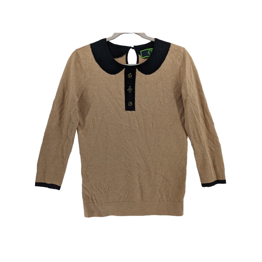 Wonder Knit Sweater XS Beige Black Contrast Collar Wool Keyhole Crew Neck Office